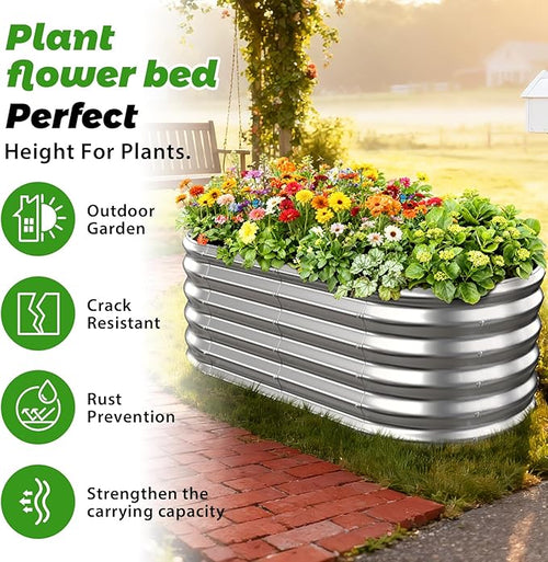 17" Tall Outdoor Garden Raised Garden Bed Kits, 4ft X 2ft Oval,0.8MM Thick Metal Raised Planter Bed/Ground Planter Box for Variety of Flowers,Herbs,Vegetables (Silver, 48X24X16.5 Inches)