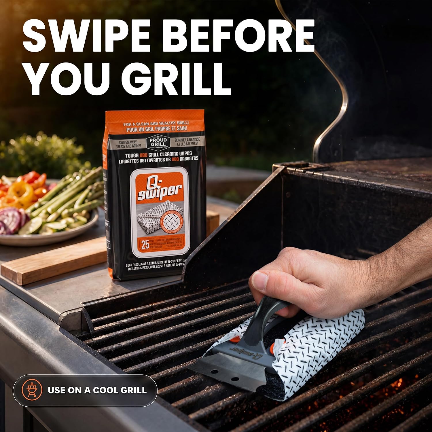 Proud Grill Q-Swiper Easy-Clean Grill Cleaner Set, Grate Cleaning Solution | Set -1 Bristle-Free Brush with Scraper & 25 Moist Cleaning Wipes, Grease & Grime Remover for Outdoor Grilling, Safe on Grills