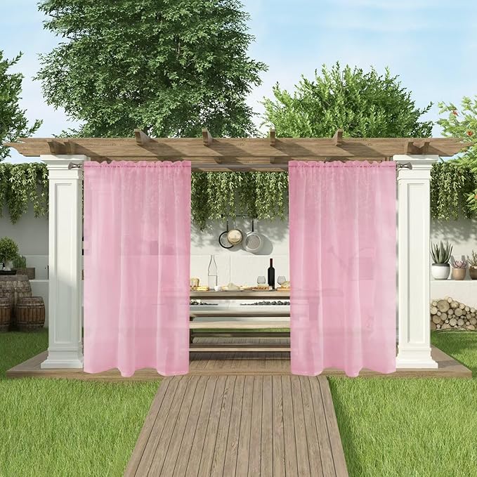 SpaceDresser Waterproof Outdoor Sheer Curtains for Patio - 2 Panels Rod Pocket Indoor Voile Sheer Curtain for Living Room,52W x 108L inch, Light Pink
