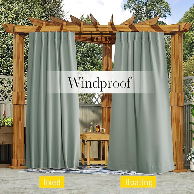 NICETOWN 2 Panels Sage Green Blackout Outdoor Curtains Patio Waterproof, Thermal Insulated Top & Bottom Pocket & Back Tab Windproof Drapes Privacy Soundproof for Pergola with Rope, W52 x L95