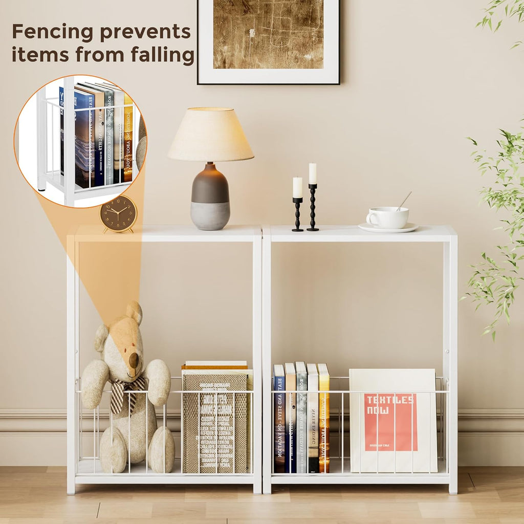 Homleke Narrow Side Table with Magazine Holder, Skinny End Table Perfect for Small Spaces, Space-Saving Design for Living Room, Bedroom, or Office, 7.1" D x 16.9" W x 23.6" H, White
