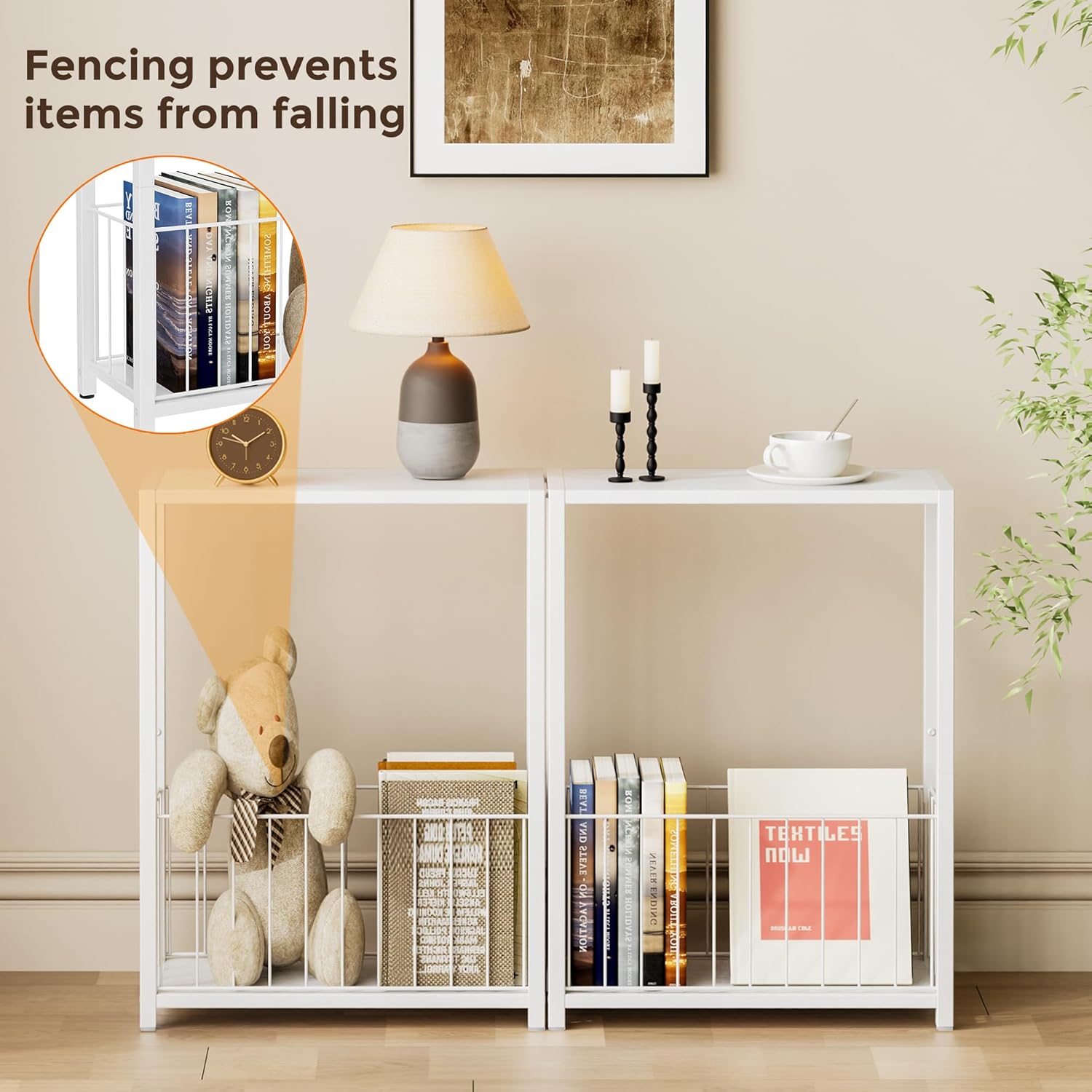 Homleke Narrow Side Table with Magazine Holder, Skinny End Table Perfect for Small Spaces, Space-Saving Design for Living Room, Bedroom, or Office, 7.1" D x 16.9" W x 23.6" H, White