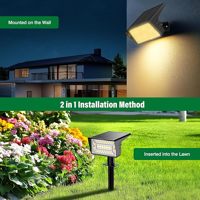 Solar Spot Lights Outdoor with 60 LED & Auto On/Off, 2 Pack Solar Lights Outdoor Waterproof IP68 with 3 Lighting Modes, 2-in-1 Solars Landscape Light for Outside, Garden, Yard(Warm White)
