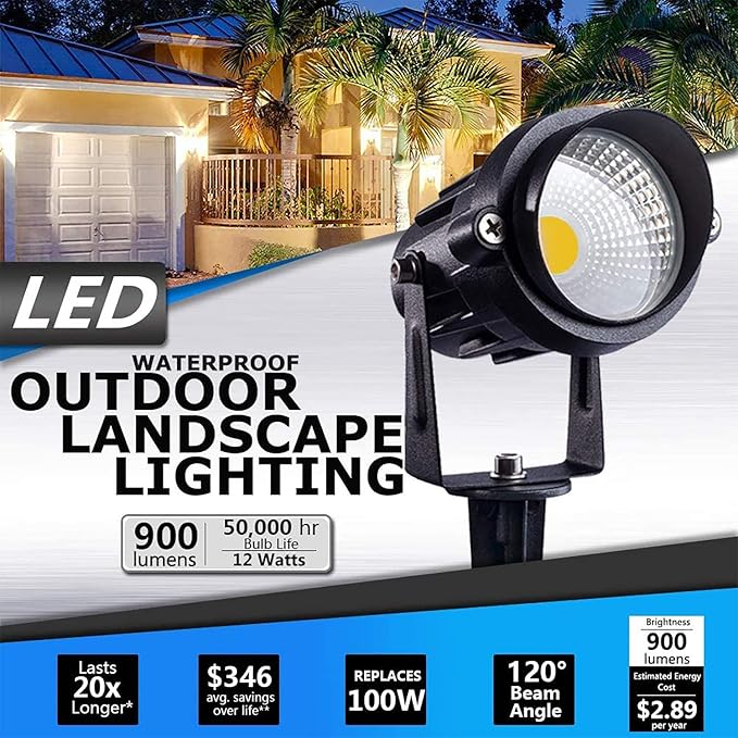 SUNVIE 12W LED Landscape Lights Low Voltage Garden Pathway Lights Super Warm White 12V Waterproof Outdoor Spotlights for Driveway Walkway Yard Patio Porch Trees with Spike Stand (10 Pack)