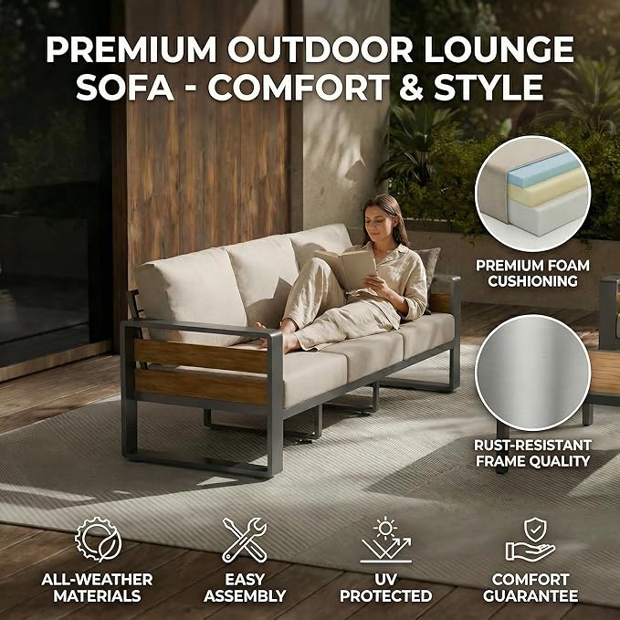 ZANDOR Aluminum Outdoor Patio Furniture Set, 4-Piece Metal Modern Outside Sectional Conversation Lawn Furniture with Coffee Table & Washable Thick Cushions,Seating Sofa for Garden/Backyard/Porch Grey