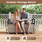 Tangkula 46 Gallon Outdoor Bench with Storage, Outdoor PE Rattan Storage Bench with Cushion, Backrest & Acacia Wood Armrests, Metal Frame, Waterproof Deck Box Seat for Porch Backyard Poolside