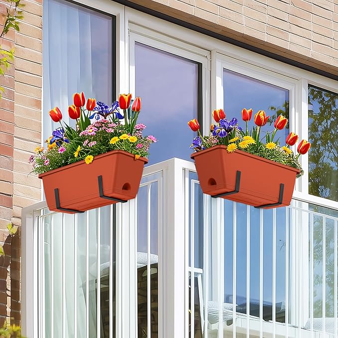 CADUKE Railing Planter Boxes Deck 2 Pack Railing Flower Box with Adjustable Bracket 17 Inch Window Boxes Rectangle Window Deck Hanging Planters Boxes for Outdoor Patio, Red
