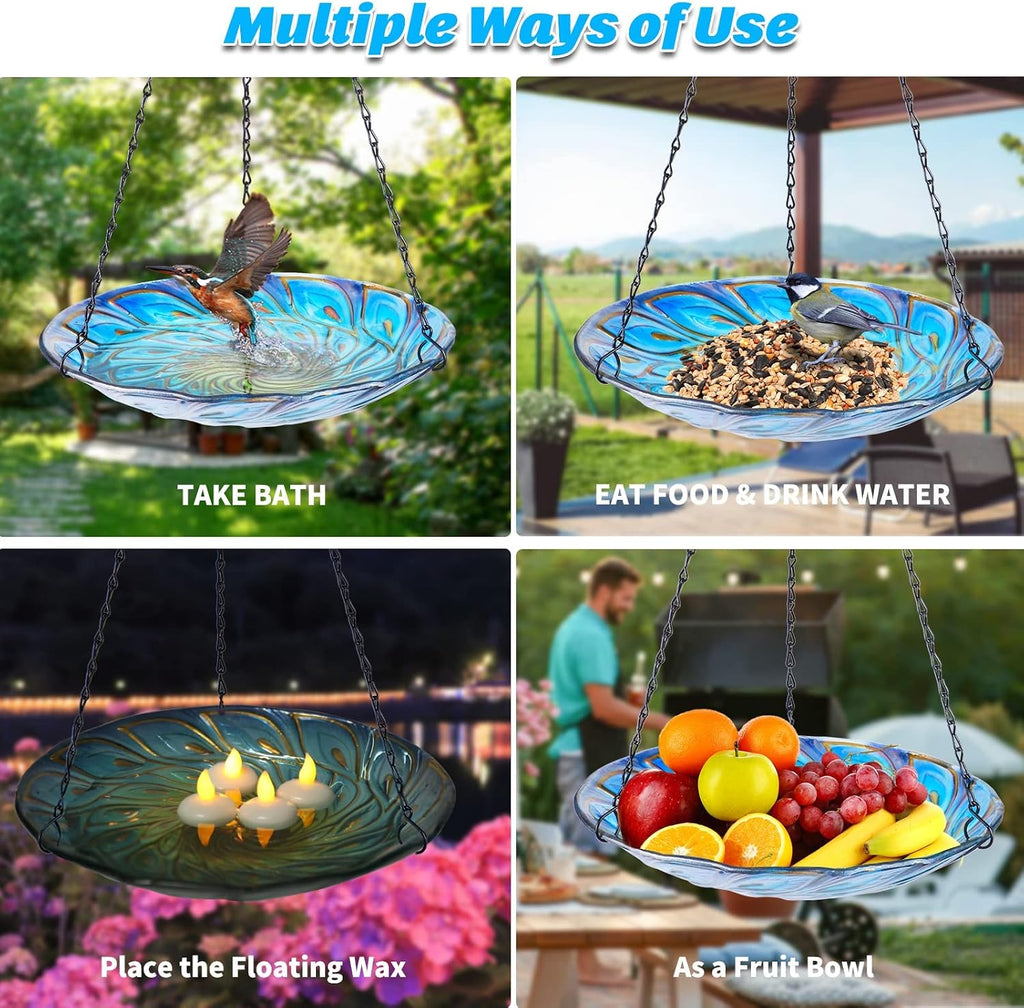 Hanging Glass Bird Bath Peacock Outdoor Birdfeeder Garden Yard Decor | 11-inch Hanging glass bird bath for outdoor bird drinking and bathing creating a beautiful backyard wildlife habitat