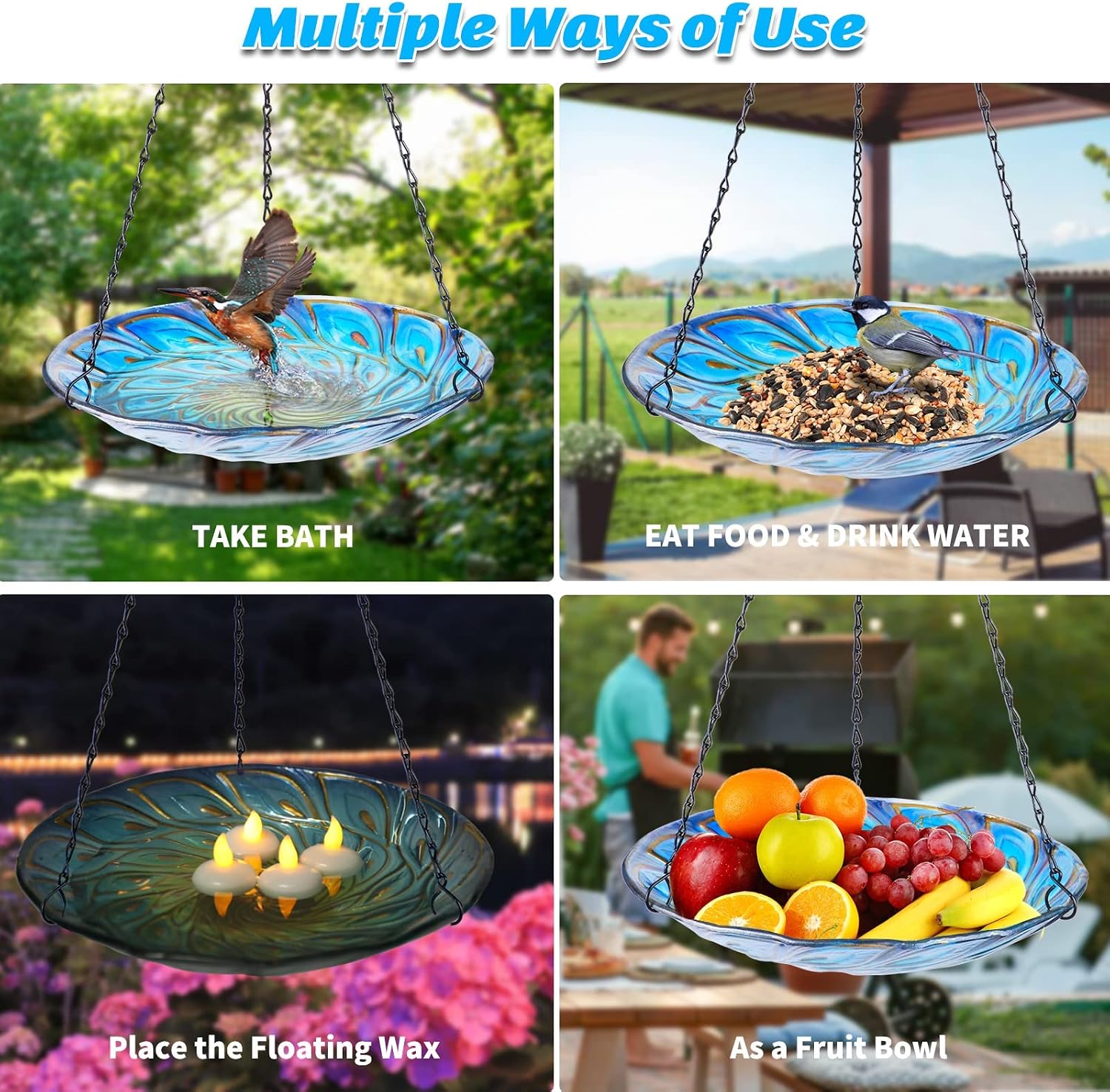 Hanging Glass Bird Bath Peacock Outdoor Birdfeeder Garden Yard Decor | 11-inch Hanging glass bird bath for outdoor bird drinking and bathing creating a beautiful backyard wildlife habitat