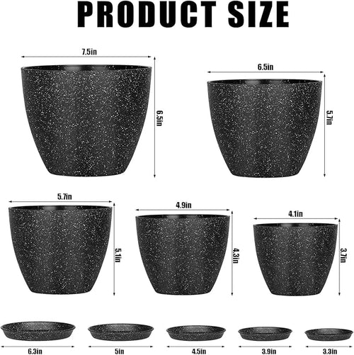 5 Pcs Plant pots, 7.5/6.5/5.7/4.9/4.1 inch Pots for Plants, Flower Pot Indoor Modern Decorative Plant Pot, Plant Pots Indoor with Drainage and Saucer for All House Plants (Drainage Set of 5 Black)