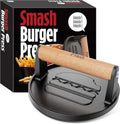 Pisol Smash Burger Press, Pre-Seasoned Cast Iron Hamburger Smasher, 2 lb Heavy-Duty Grill Bacon Meat Press Tool with Wood Handle, 6.6”