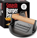 Pisol Smash Burger Press, Pre-Seasoned Cast Iron Hamburger Smasher, 2 lb Heavy-Duty Grill Bacon Meat Press Tool with Wood Handle, 6.6”