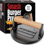 Pisol Smash Burger Press, Pre-Seasoned Cast Iron Hamburger Smasher, 2 lb Heavy-Duty Grill Bacon Meat Press Tool with Wood Handle, 6.6”