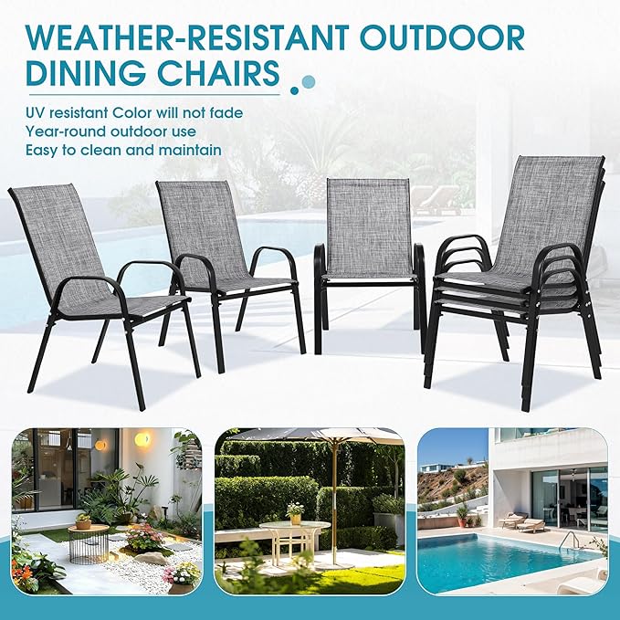 Outdoor Stackable Chairs Set of 6, Stacking Patio Chairs with Textilene Fabric, Outside Furniture for Garden Backyard Balconie Poolside Deck, Grey