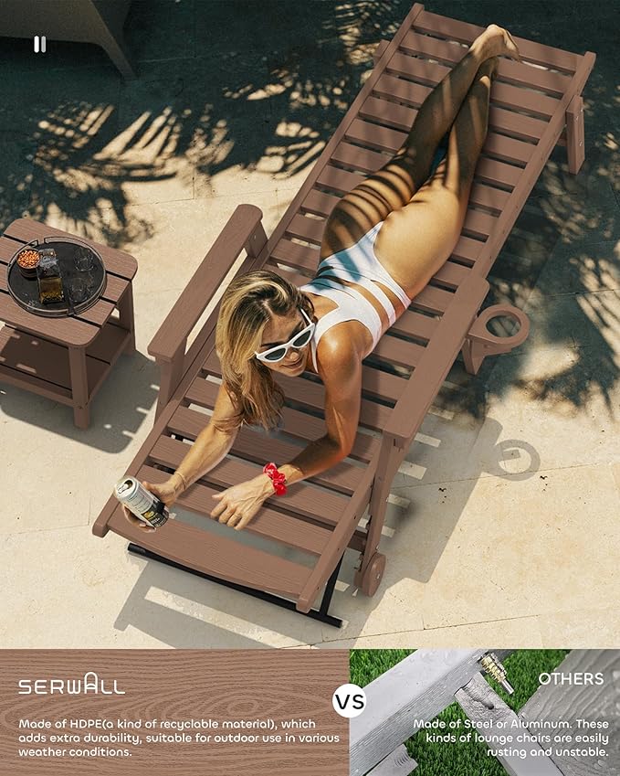 SERWALL HDPE Chaise Lounge Set of 2 for Outdoor, Brown