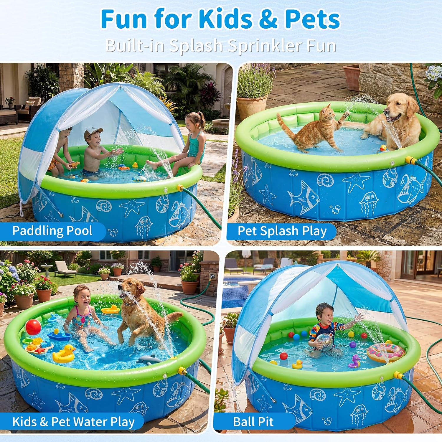 Kids Pool for Toddler, 47in Foldable Kiddie Pool with Canopy & Sprayer | Portable Baby Toddler Pool for Indoor Outdoor, Quick Setup No Tools, Easy Drain Non-Slip Splash Pool for Backyard & Travel