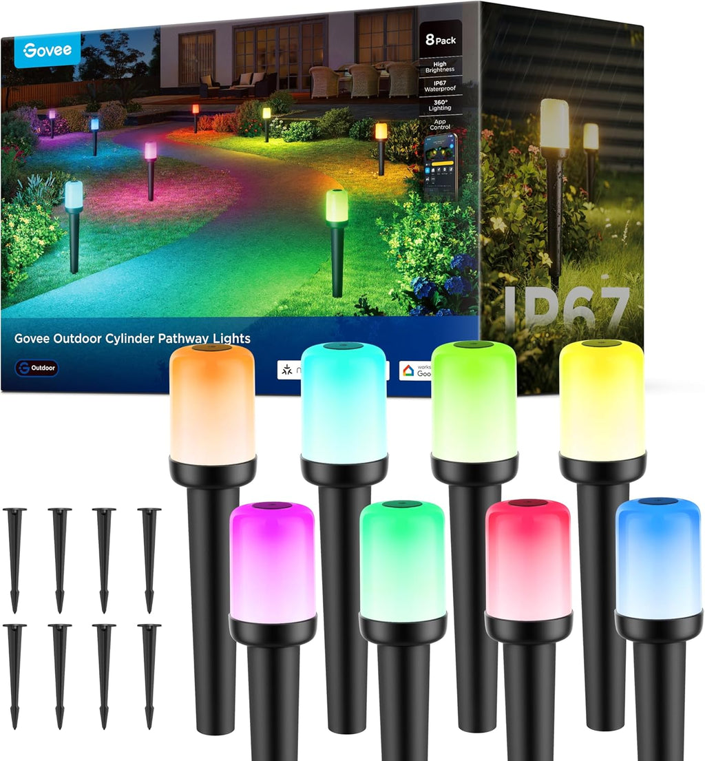 Govee Outdoor Cylinder Pathway Lights, 8 Pack, 425 Lumens, IP67 Waterproof | 60+ Preset Scene Modes, Outdoor Decor for Path, Patio, Garden, Lawn, Compatible with Alexa, Google Assistant, Matter