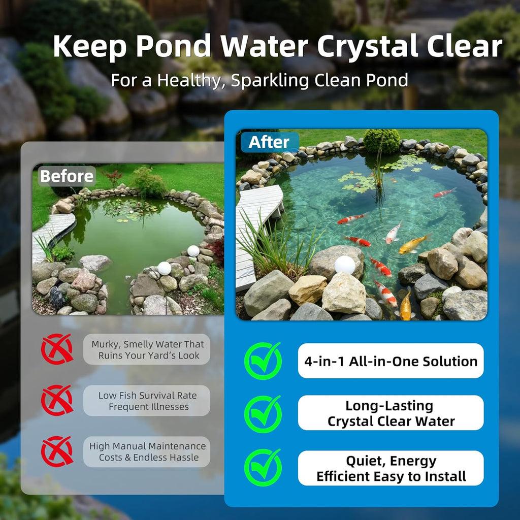 Submersible Pond Filter with Powerful 18W UV Light for Pond Algae Control | 660 GPH 42W High-Performance Pump Build in for 1500 Gal Pond, 3 Spray Patterns Pond Fountain Decoration for Your Pond