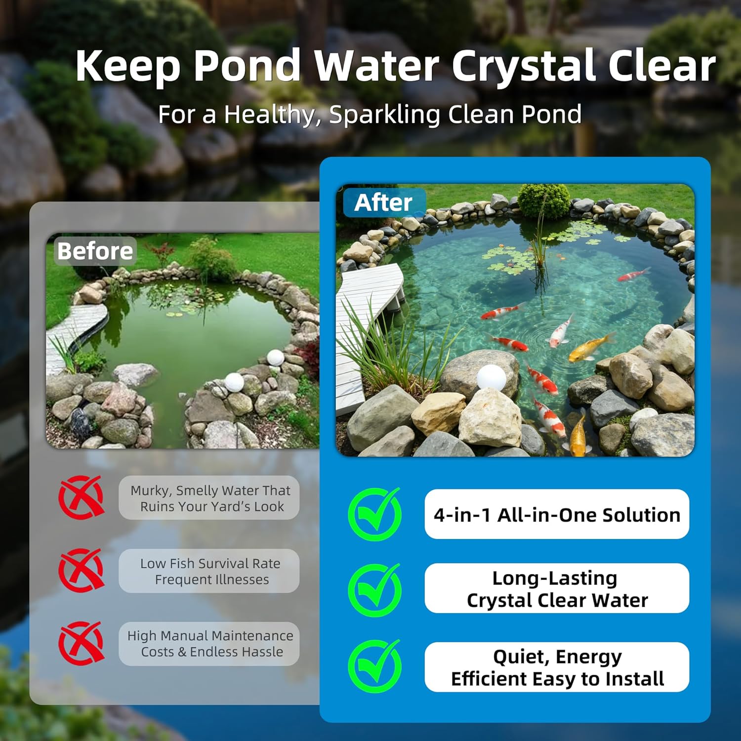 Submersible Pond Filter with Powerful 18W UV Light for Pond Algae Control | 660 GPH 42W High-Performance Pump Build in for 1500 Gal Pond, 3 Spray Patterns Pond Fountain Decoration for Your Pond