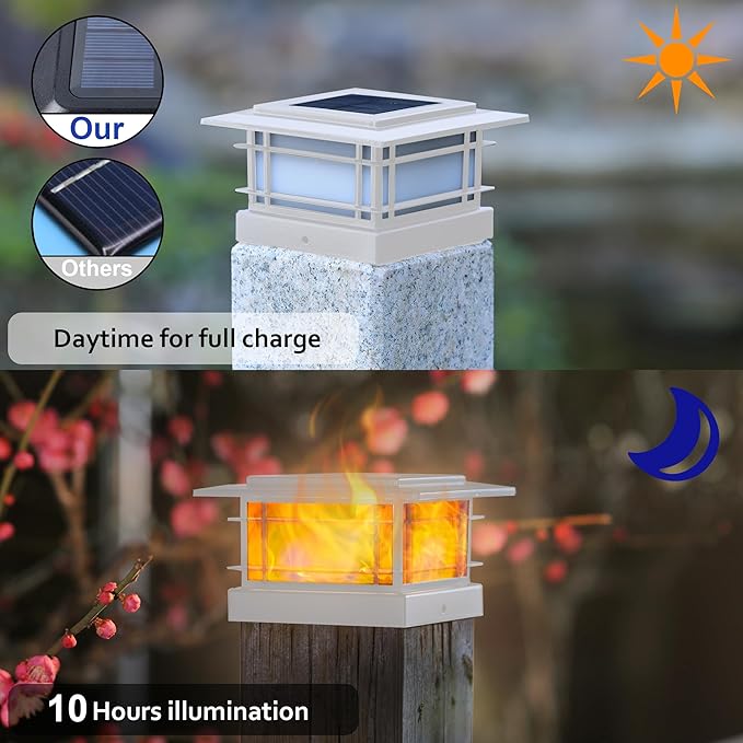 Dynaming 4 Pack Solar Post Cap Lights Outdoor with Flickering Flame Light, White Shell Fence Post Solar Lights Fit 4x4 5x5 Vinyl/Wooden Posts, Brightness LED Lighting Decor for Garden Deck Patio