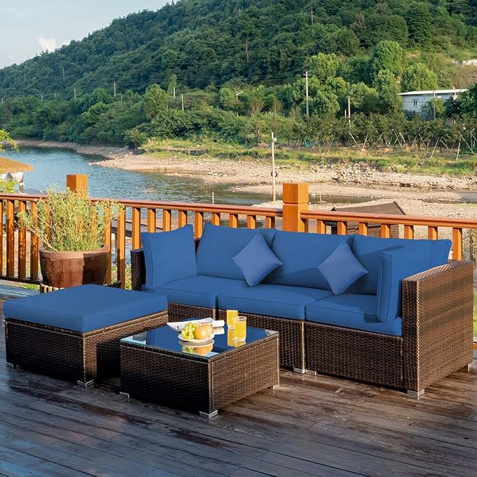 Tangkula 5 Pieces Patio Rattan Furniture Set, Outdoor Sectional Rattan Sofa Set with Back & Seat Cushions, Wicker Conversation Set with Tempered Glass Table for Backyard Porch Garden Poolside (Navy)