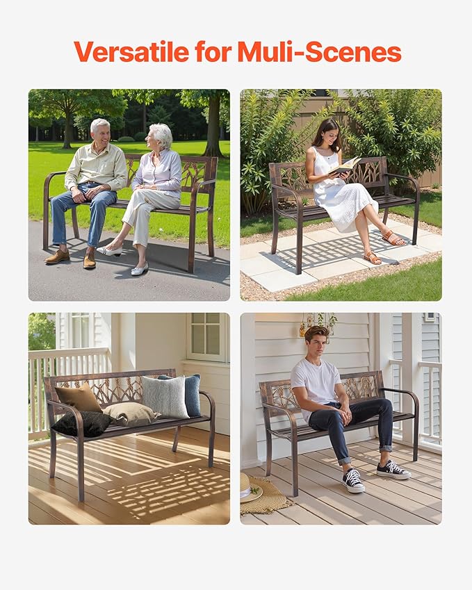 VEVOR Outdoor Bench, 50 inch, Carbon Steel Metal Frame with PVC Floral Pattern Backrest and Round Edge Armrests, Weatherproof Outside Bench for Patio, Garden, Park, Yard, Front Porch, Antique Bronze