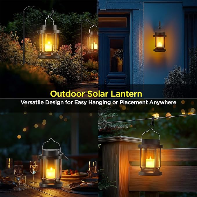 Solar Lantern Outdoor & Indoor Use – Hanging Solar Lights with Realistic Flickering Flameless Candle, Weatherproof for Gardens, Patios, Trees, and Lawns (Black, 4 Pack)