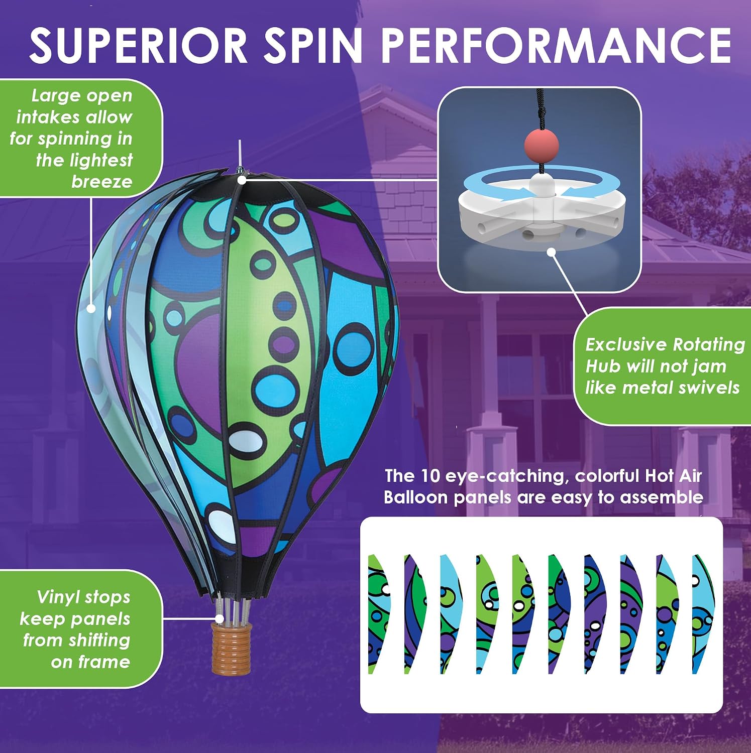 Premier Kites Hot Air Balloon Hanging Garden Spinner 22" - Vibrant Cool Orbit Design, Weather-Resistant Outdoor Decor, Durable & Lightweight for Patios, Yards, and Gardens - Eye-Catching Wind Spinner