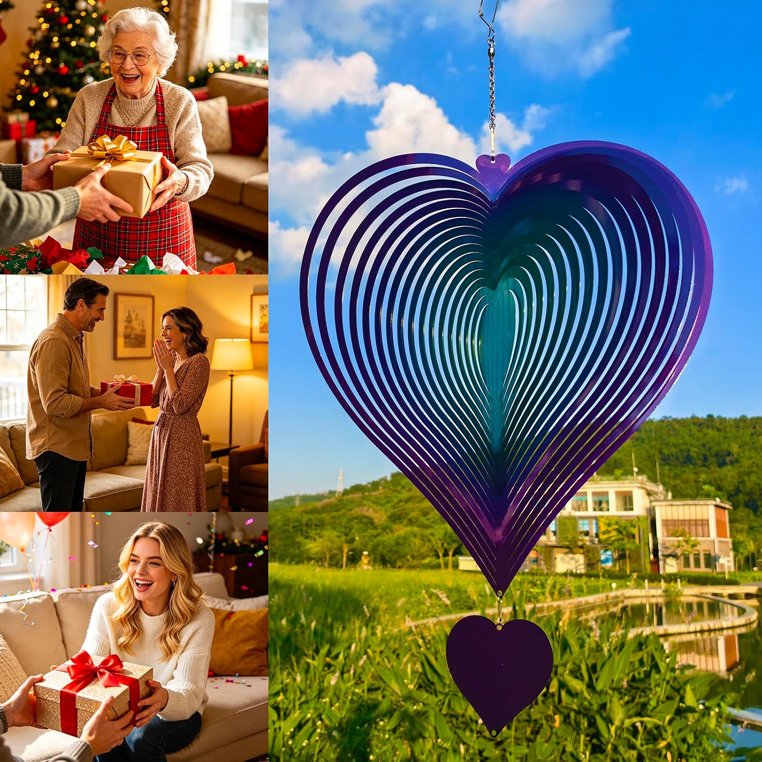 DJUAN 15in Large Heart Wind Spinner Garden Decor,Gifts for Women,Mom and Grandma,Mother's Day,Birthdays, Purple-Green Stainless Steel Hanging Yard Art Outdoor & Indoor Decorations