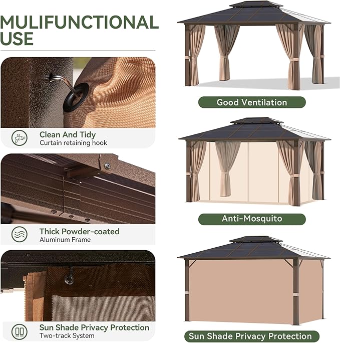 Aoxun 10'x12' Hardtop Gazebo, Aluminum Frame Permanent Pavilion with Curtains and Netting, Outdoor Polycarbonate Gazebo, Double Roof Canopy, for Gardens, Patios, Lawns
