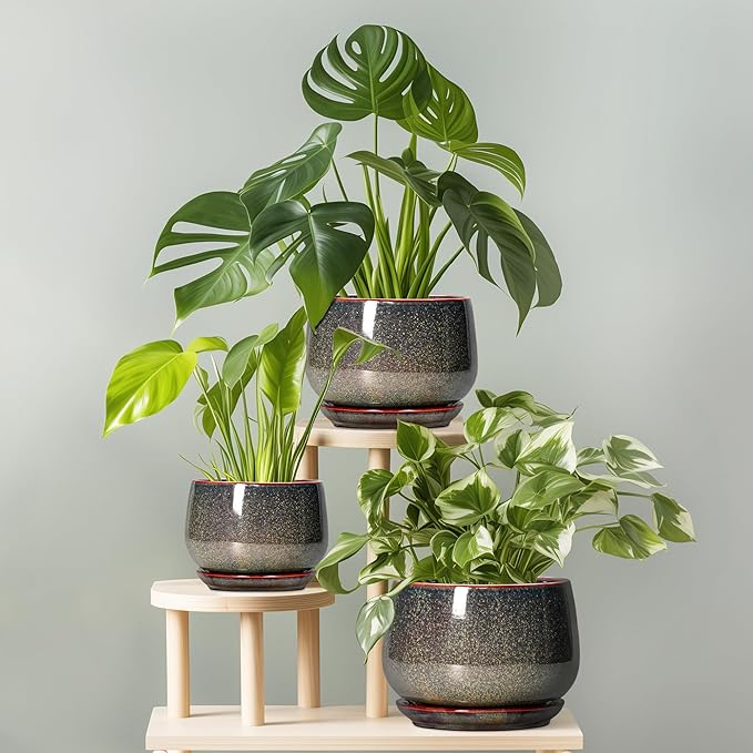 G EPGardening 7 Inch Ceramic Pots for Plants - Ceramic Planters for Indoor Outdoor Plants, Round Plant Pots with Drainage and Saucer, Modern Planter, House Decor, Plant Lover Gifts, Speckled Brown