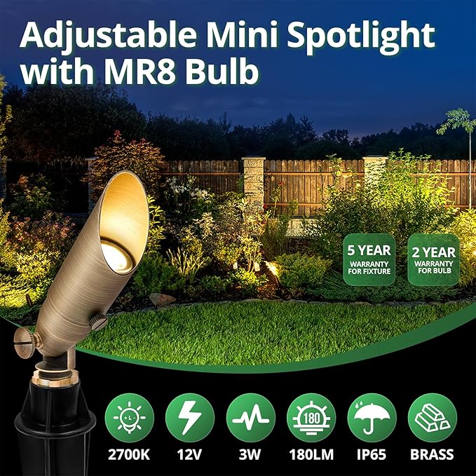 GKOLED Low Voltage Solid Brass LED Spotlight with MR8 Bulb, Outdoor Waterproof Landscape Lighting, Adjustable Uplights with Stake for House Garden Trees Lawn Patio Yard Fence, 3W 12V 180LM 2700K