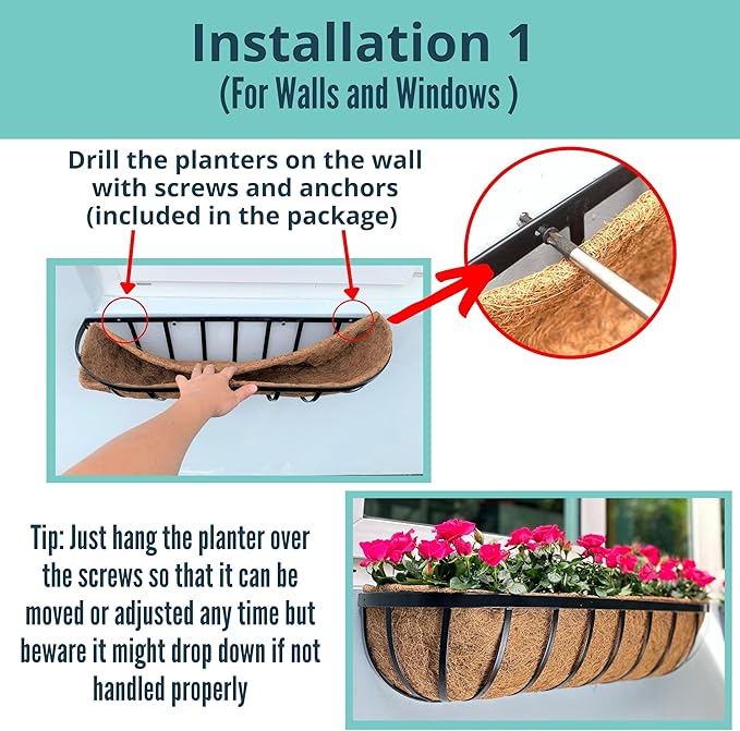 LaLaGreen Outdoor Wall Planter - 8 Pack, 30 Inch Large Metal Basket with Coco Liner, Long Window Flower Box Deck Railings Hanging Horse Trough Balcony Plant Pot Garden Fence Balcony Patio Rail