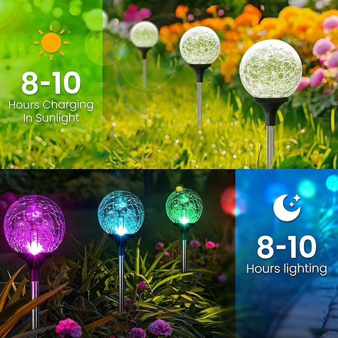 GIGALUMI Solar Garden Lights 3 Pack, Outdoor Solar Lights for Yard Decorative, Christmas Lights Outdoor Decorations Waterproof, Multi-Colored Changing Garden Globes Cracked Glass Ball with LED Lights