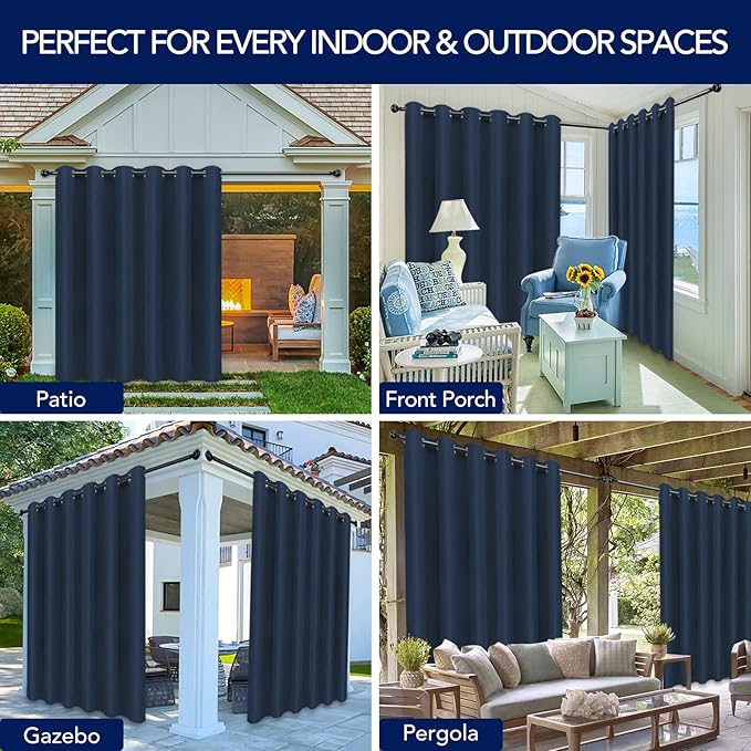 PureFit Outdoor Curtains for Patio Waterproof Weatherproof, UV and Fade Resistant Outside Curtains for Gazebo, Front Porch, Pergola, Sun Blocking Privacy Curtain, 100W x 84L inch, 1 Panel, Navy Blue