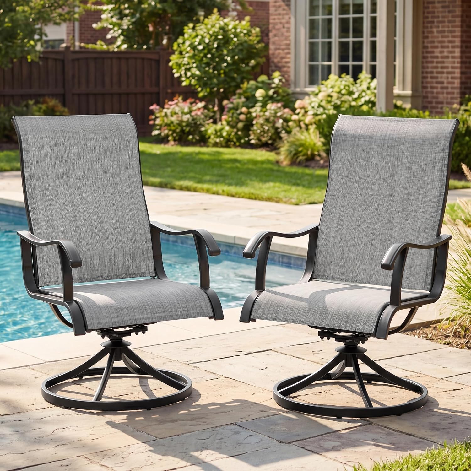 NUU GARDEN Patio Swivel Dining Chairs Set of 2, Outdoor Swivel Rocker Chairs with All-Weather Textilene, High-Back Metal Frame for Backyard, Deck, Lawn and Garden, Black and Light Gray