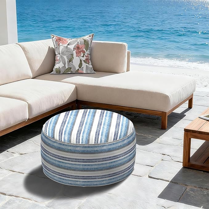 LVTXIII Outdoor Inflatable Ottoman, Fade-Resistant Round Footrest Stool D31”x H14”, Portable Patio Pouf for Garden Camping or Home Use, Stripe Layered Blue