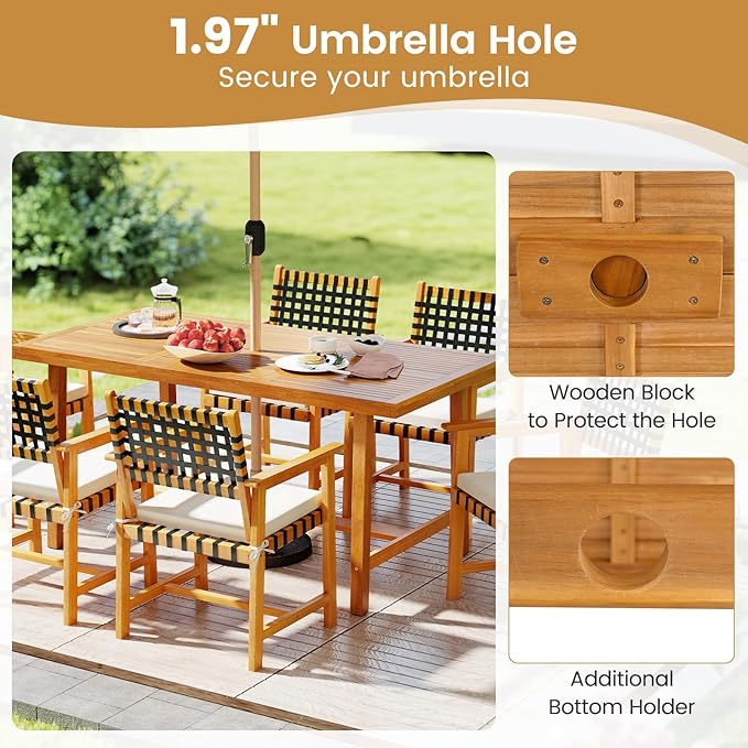 Tangkula 6 Piece Patio Dining Set for 5-6 People, 63” Outdoor Acacia Wood Table with 1.97” Umbrella Hole & Bench & 4 Cushioned Armchairs, for Deck Yard and Poolside
