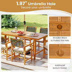 Tangkula 6 Piece Patio Dining Set for 5-6 People, 63” Outdoor Acacia Wood Table with 1.97” Umbrella Hole & Bench & 4 Cushioned Armchairs, for Deck Yard and Poolside
