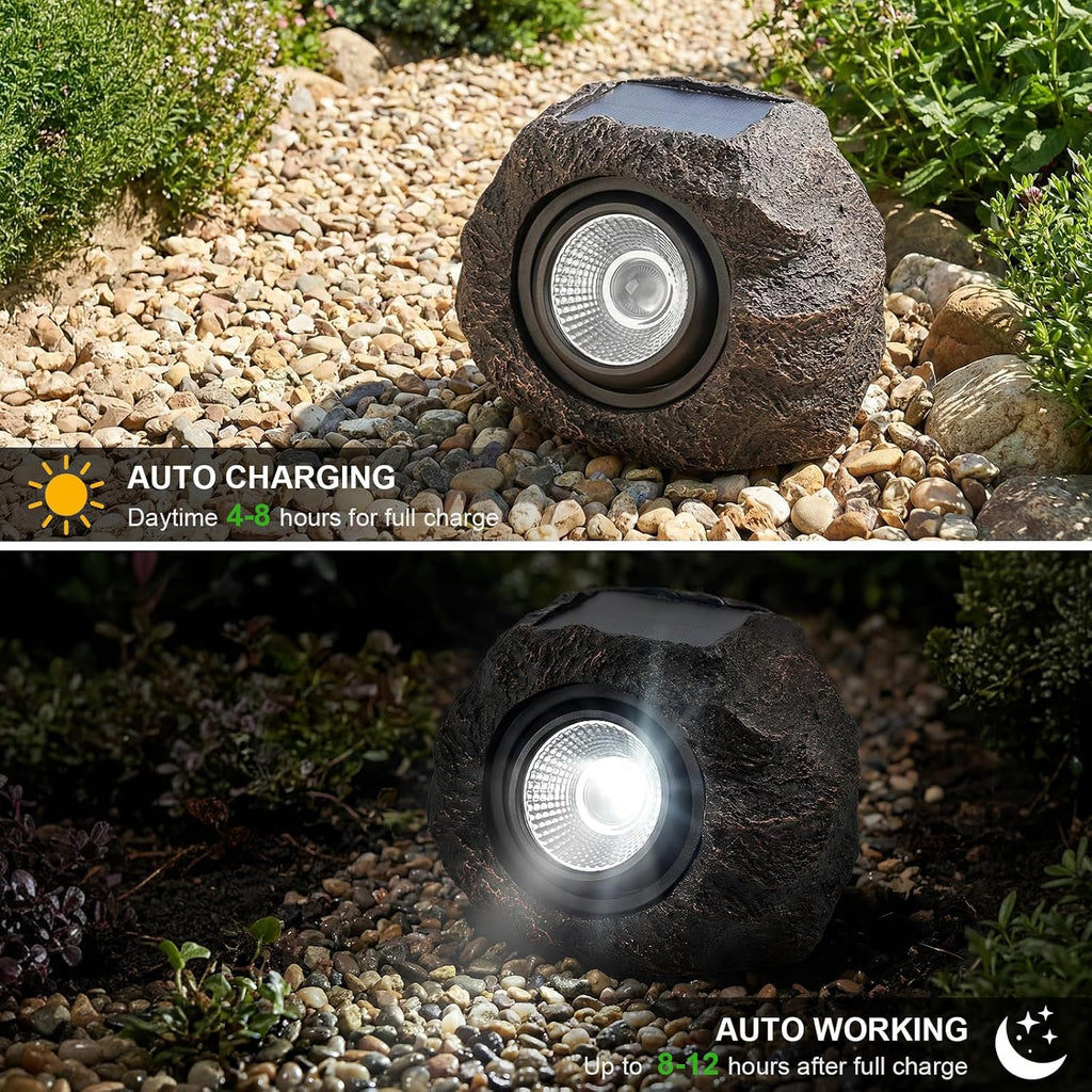 solar rock lights outdoor – 2 pack waterproof shown in use