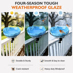 Glazed Ceramic Bird Bath for Deck Railing, 11 Inch Outdoor Deck Mounted Bird Baths Feeder Bowl with Adjustable Clamp, Easy Install Balcony Patio Birdbath for Outside Backyard Decoration, Blue