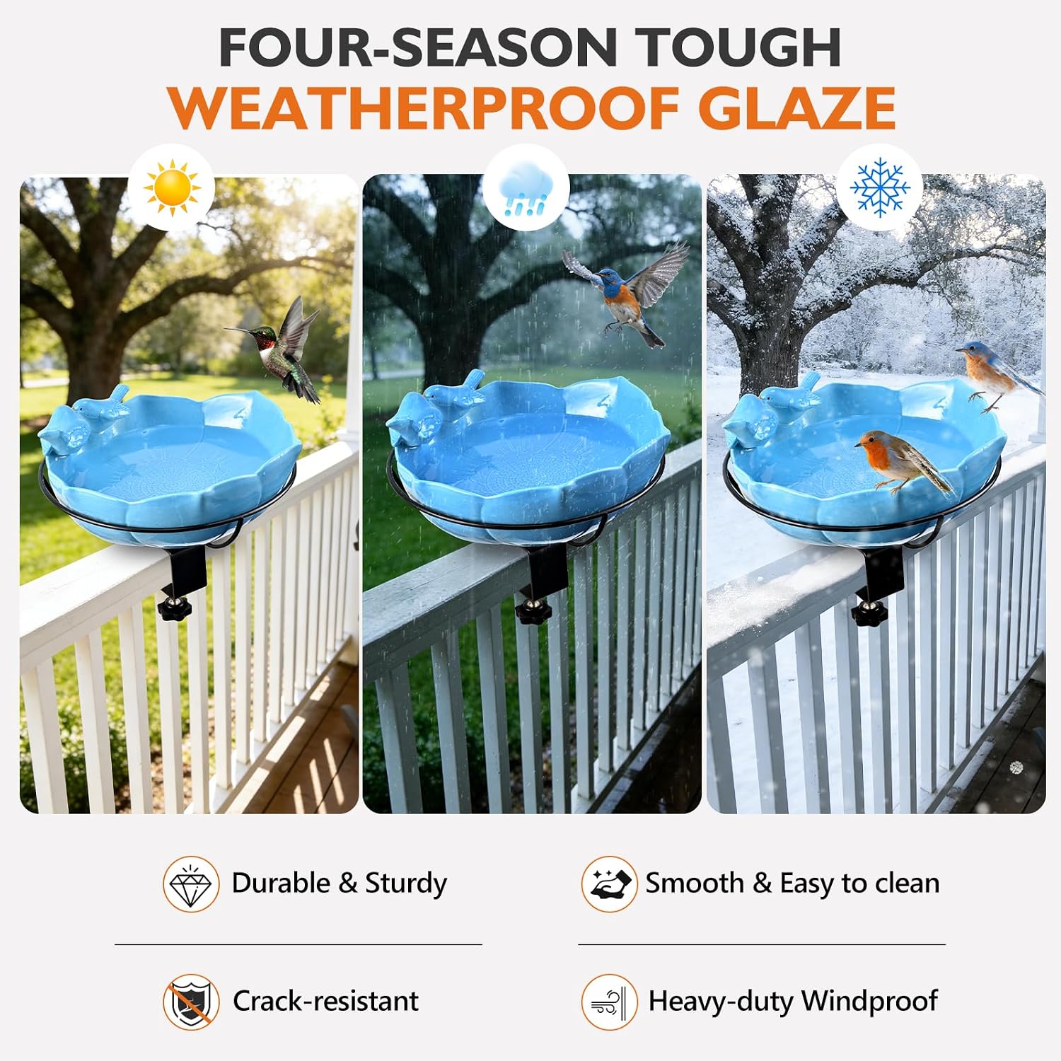 Glazed Ceramic Bird Bath for Deck Railing, 11 Inch Outdoor Deck Mounted Bird Baths Feeder Bowl with Adjustable Clamp, Easy Install Balcony Patio Birdbath for Outside Backyard Decoration, Blue