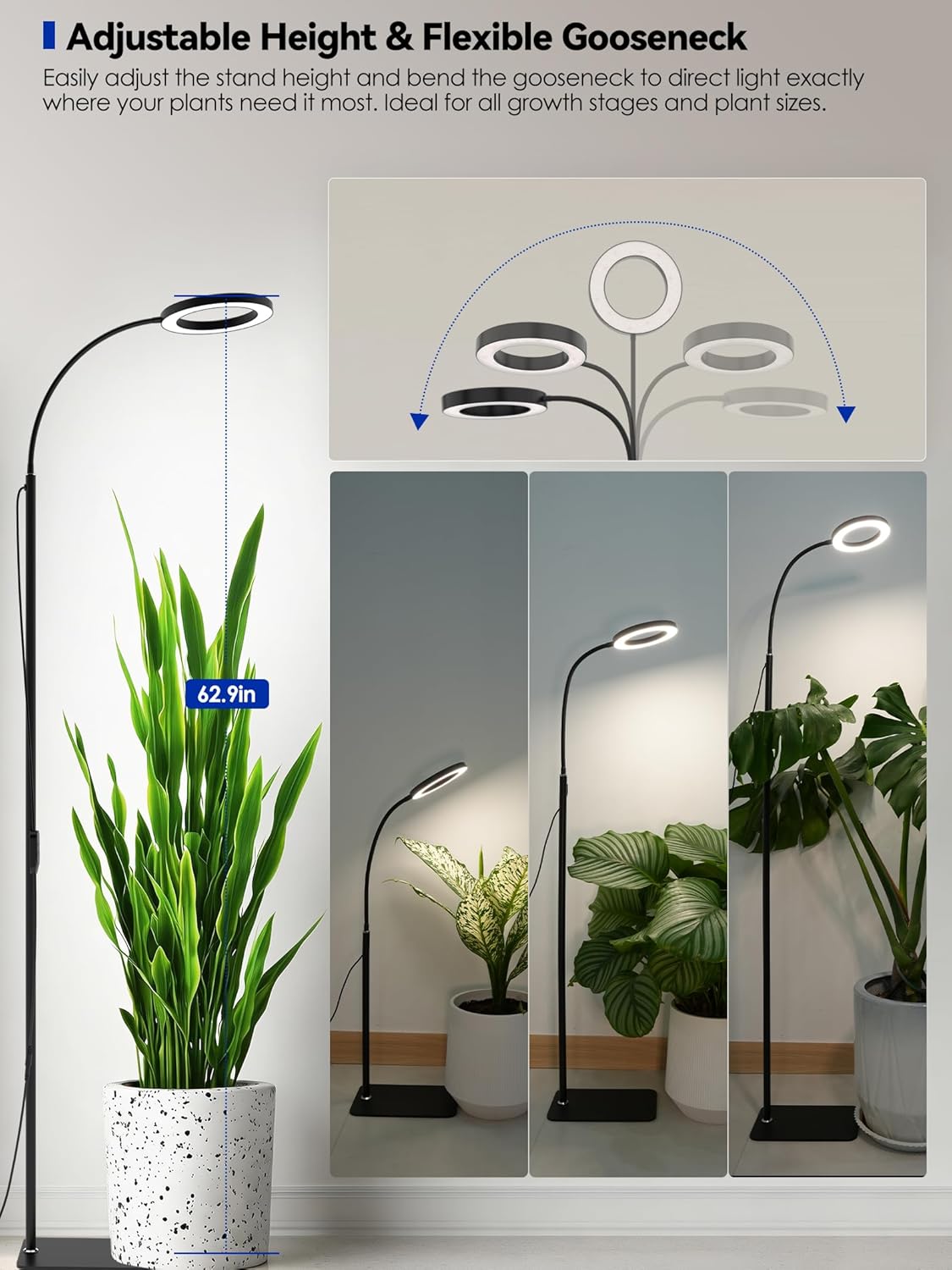 36W Grow Lights for Indoor Plants,Full Spectrum LED Plant Light with Stand | Dual Heads, Adjustable Height and Angle, 3/9/12H Timer, Dimmable, 3 Modes Floor Plant Growing Lamp for Indoor Growing, Black