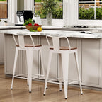 WENTMENT Metal Bar Stools Set of 2 Counter Height Barstools with Removable Back 24" Kitchen Bar Stools with Wooden Seat,Off White