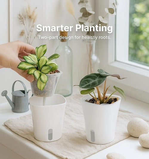 10 Pack 3" Self Watering Pots for Indoor Plants, Clear Inner Cup, Small White Plastic Planters, Water Level Indicator, Drainage Holes, Extra 3ft Wick, Cuttings,Seedlings,Herb,African Violet