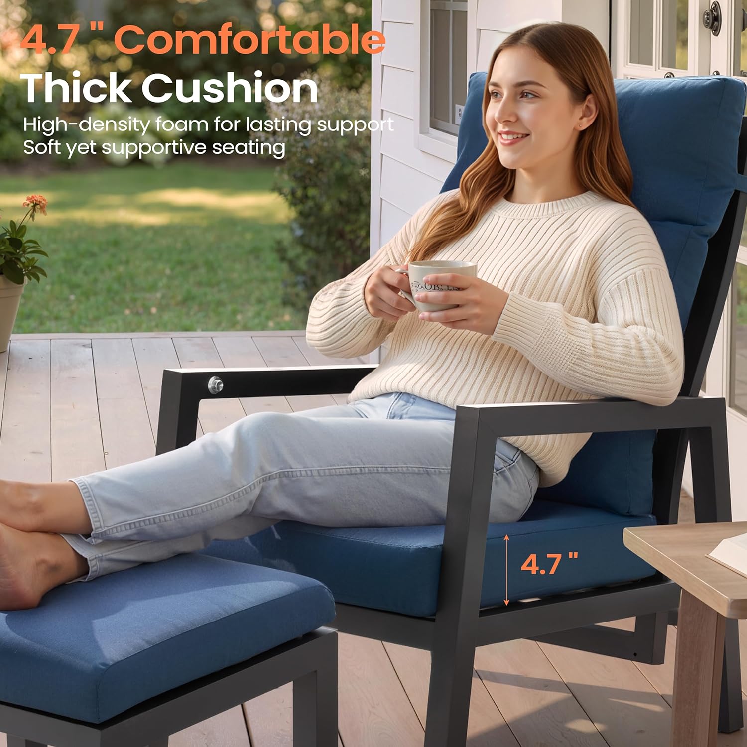 Pellebant Aluminum Outdoor Recliner Chair with Pneumatically Adjustable Backrest - Weather-Resistant Patio Lounge Chair, 4.7-Inch Thick Removable Cushions for Deck, Porch & Backyard, Navy Blue