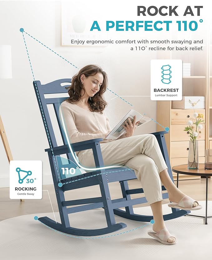 Ciokea Oversized Outdoor Rocking Chairs Set of 4, 380lbs Heavy-Duty Large Patio Rocker, High Back Cozy Porch Chairs, Weather Resistant Patio Rocking Chairs for Outside, Fire Pit, Deck, Slate Blue