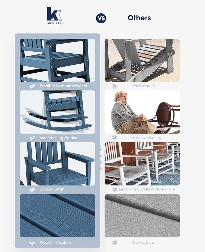KINGYES HDPE Rocking Chairs Outdoor, Patio Rocking Chairs with 330lbs Support, Smooth Porch Rocker for Deck Lawn Yard, Navy