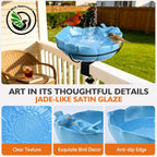 Glazed Ceramic Bird Bath for Deck Railing, 11 Inch Outdoor Deck Mounted Bird Baths Feeder Bowl with Adjustable Clamp, Easy Install Balcony Patio Birdbath for Outside Backyard Decoration, Blue