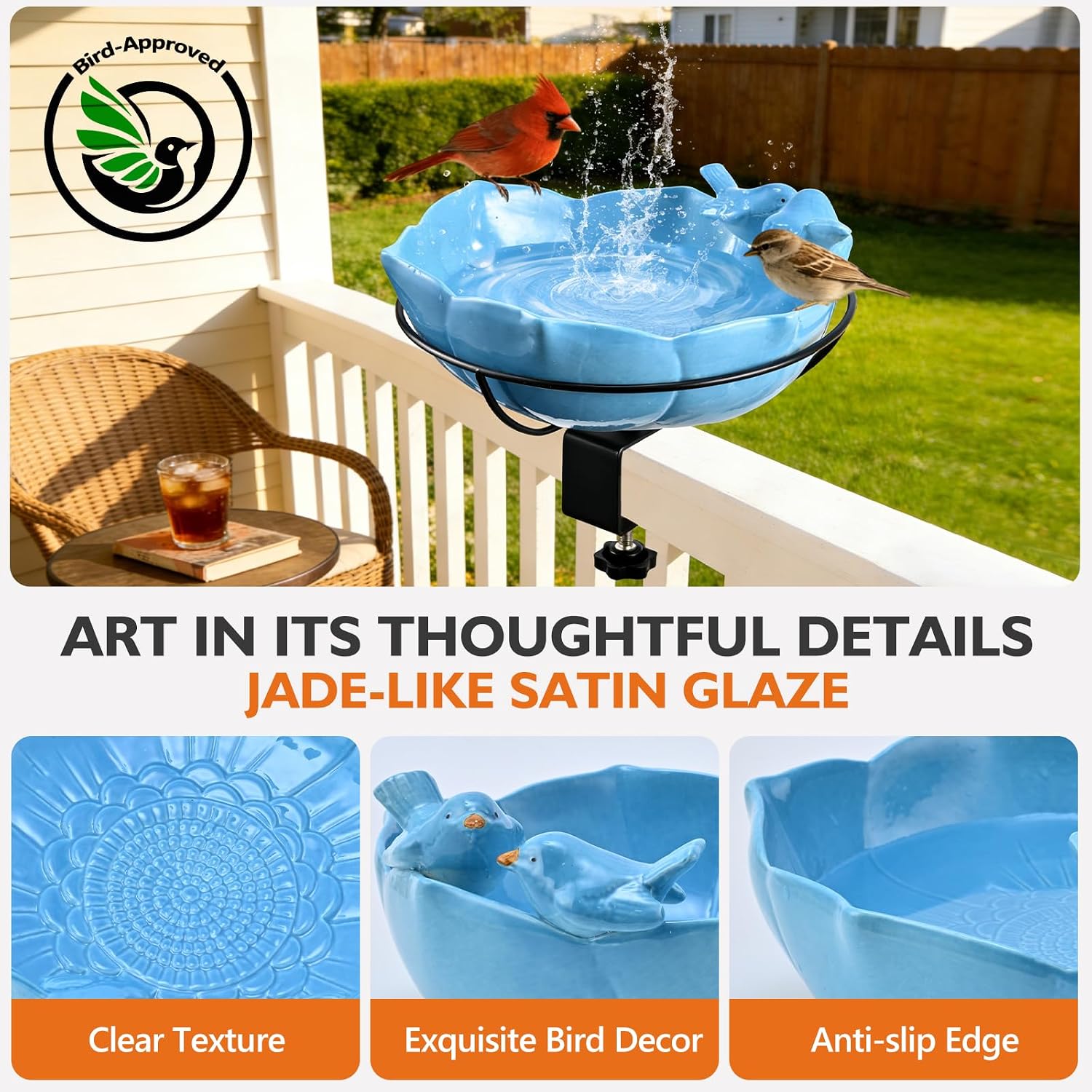 Glazed Ceramic Bird Bath for Deck Railing, 11 Inch Outdoor Deck Mounted Bird Baths Feeder Bowl with Adjustable Clamp, Easy Install Balcony Patio Birdbath for Outside Backyard Decoration, Blue